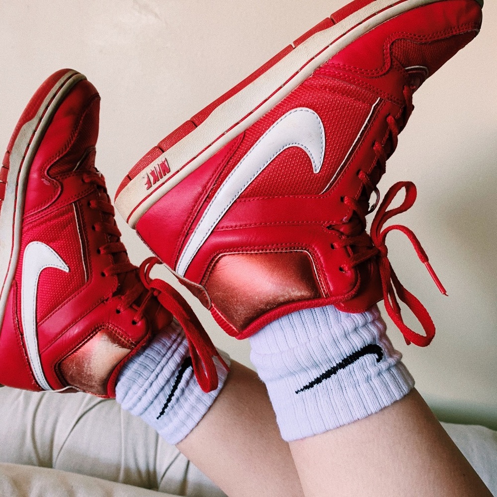 Nike Red and White High Top Dunks